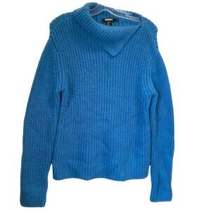 DKNY Chucky Wool Ribbed Knit Sweater Side Mock Neck Soft Cozy Oversized Blue M